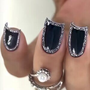 24pcs Short Press-on False Nails Square Y2K Black Nail Glitter Circle Design Fin